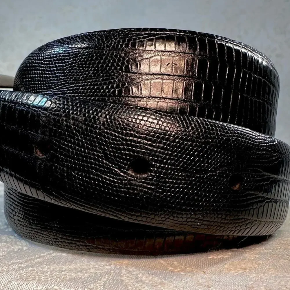 Roundtree & Yorke Black Crocodile-Embossed Italian Calfskin Solid Brass Belt